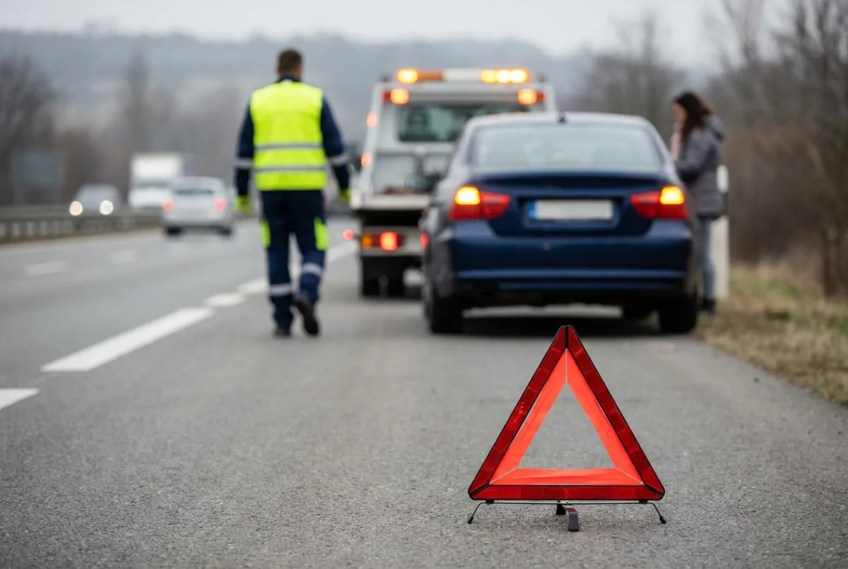 Triangle de signalisation posé sur la chaussée, opérateur arrivant vers un automobiliste