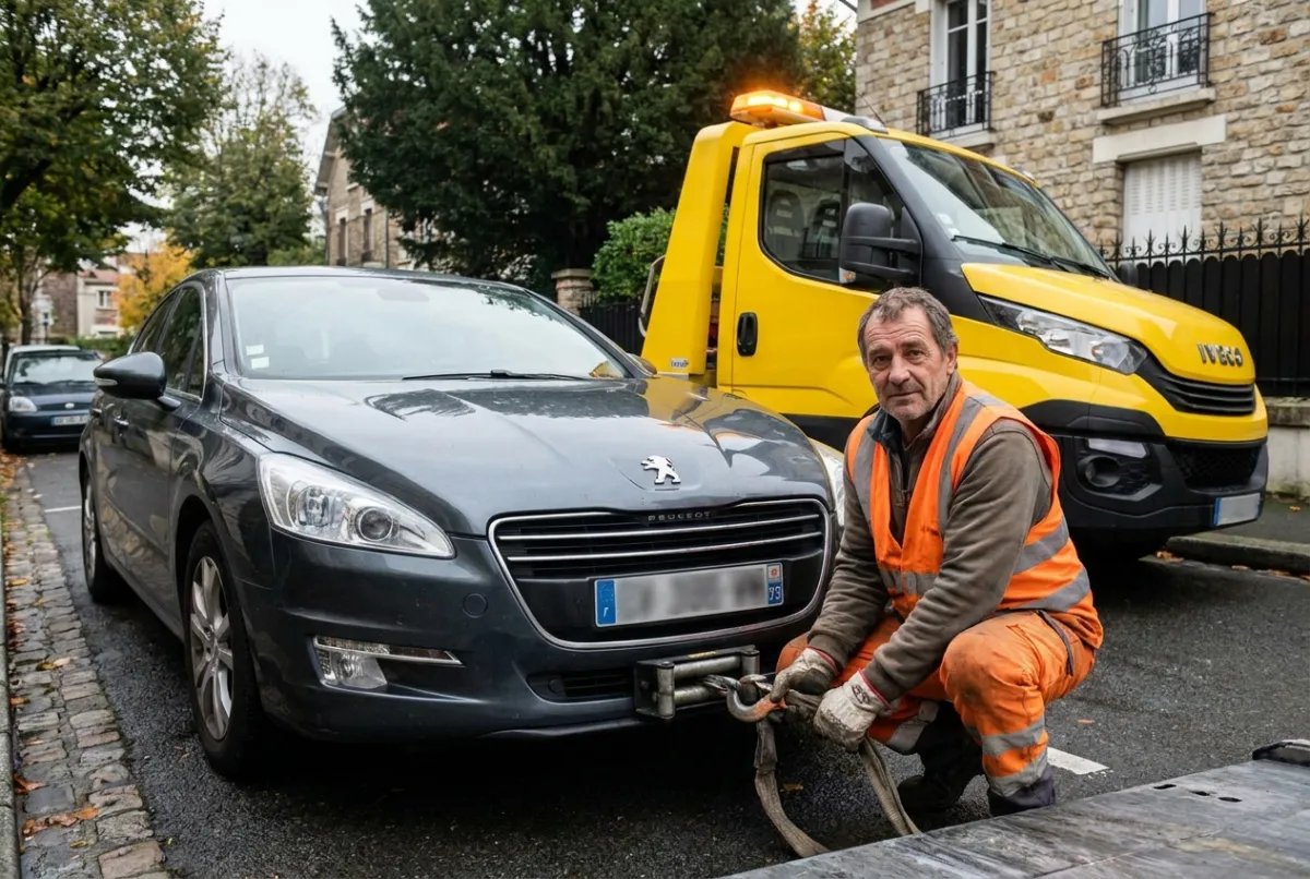 Opérateur en gilet accrochant un véhicule en panne à la dépanneuse